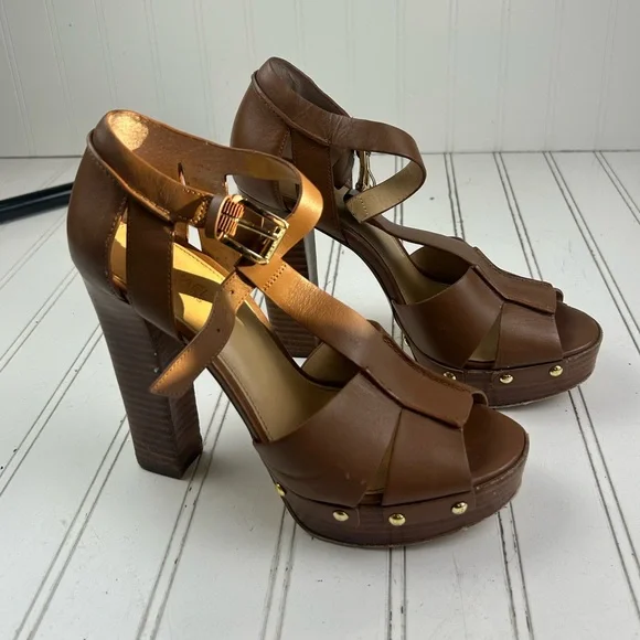 Michael Kors Brown Leather Platform T Strap Chunky Block Heels Women’s Size 7M - Picture 2 of 11